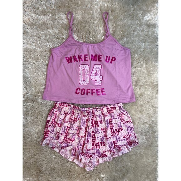 Coffee Wake Me Up PJ Short Set Pink and white Cropped Tank Size Large RefFNB - Picture 3 of 7